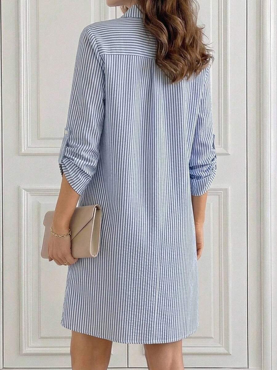 Shop a blue and white striped midi dress for women. A versatile all-season style perfect for casual days, work, brunch, weekends, and everyday wear.