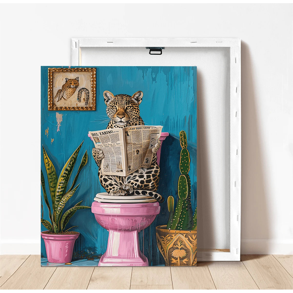 Back view of stretched leopard canvas art on a white frame against a white wall and wood floor