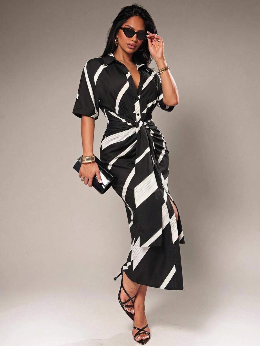 Front view of black and white striped collared tie waist midi dress