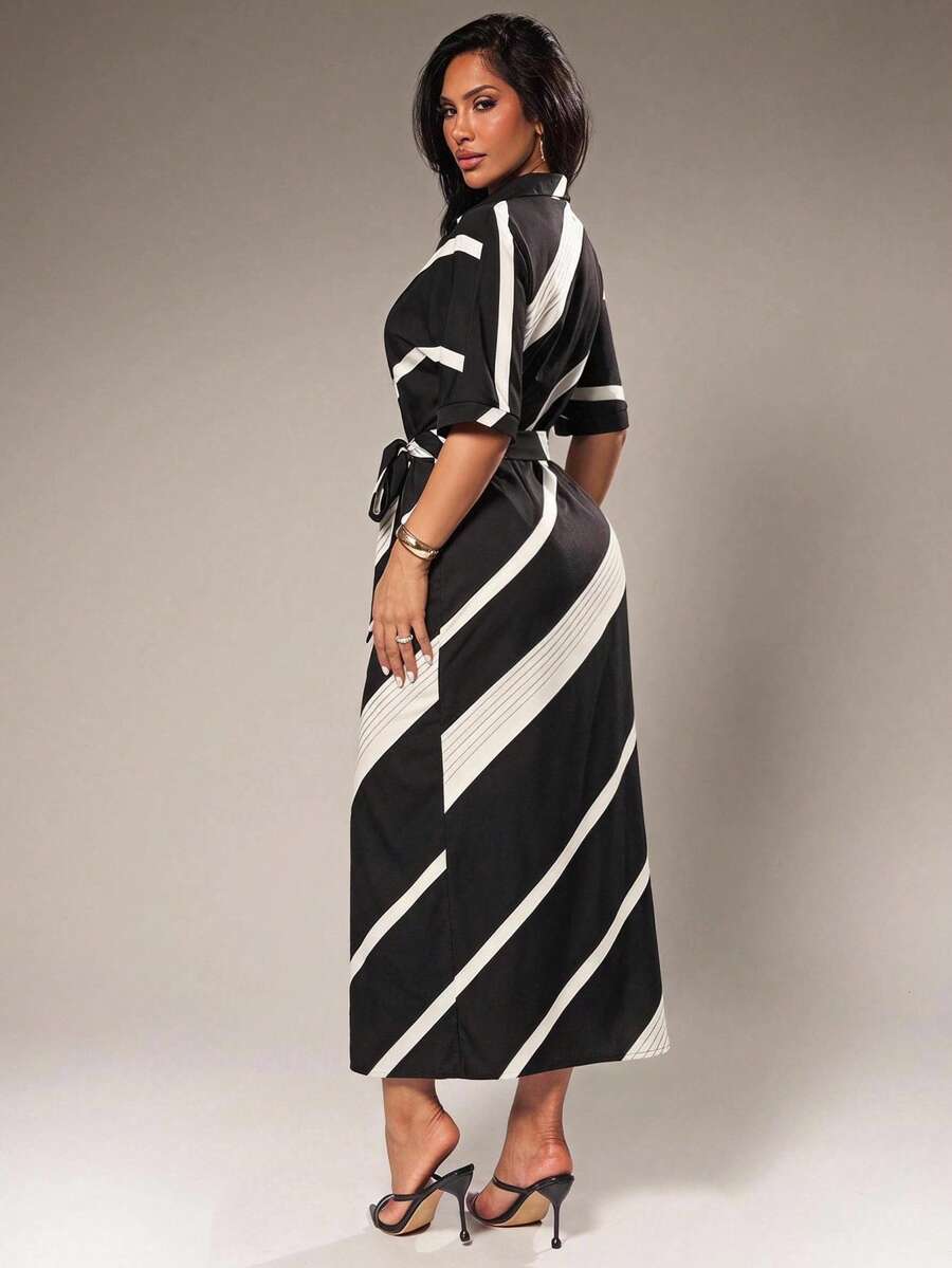 Front view of black and white striped collared tie waist midi dress