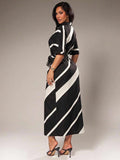 Back view of black and white striped shirt dress