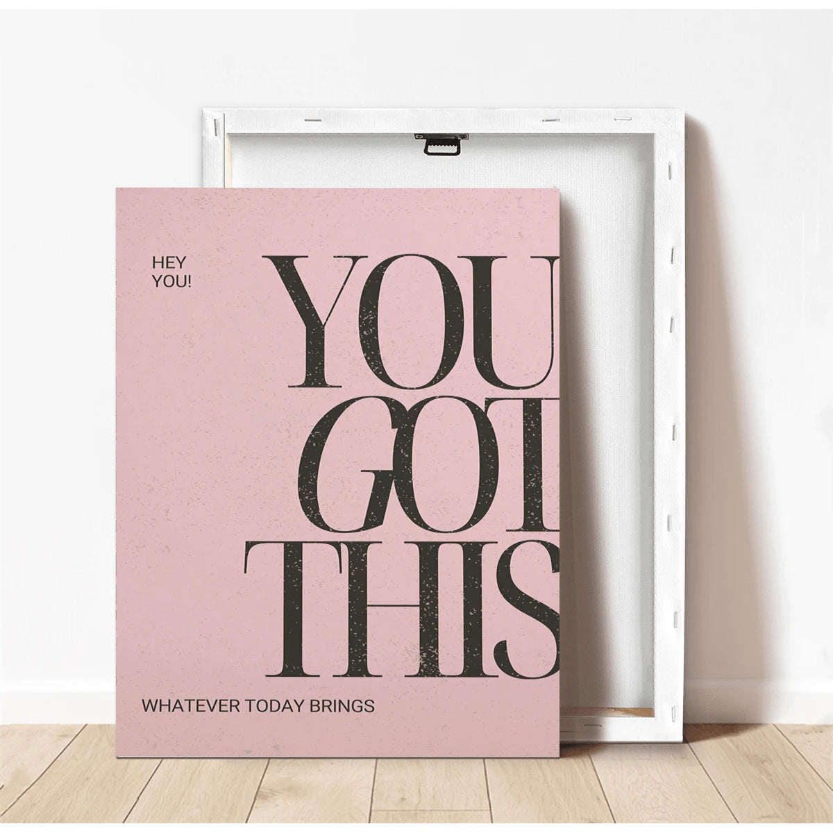 Framed pink quote poster with natural wood border