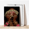 Unframed money portrait canvas beside a white frame detail