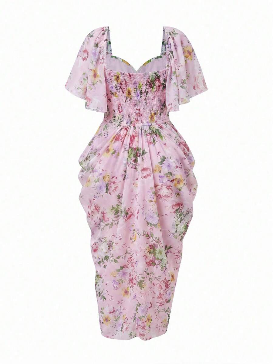 Model in pink floral sweetheart midi dress with flounce sleeves and side slit