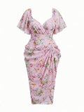 Pink floral wrap-style midi dress with flounce sleeves and high side slit