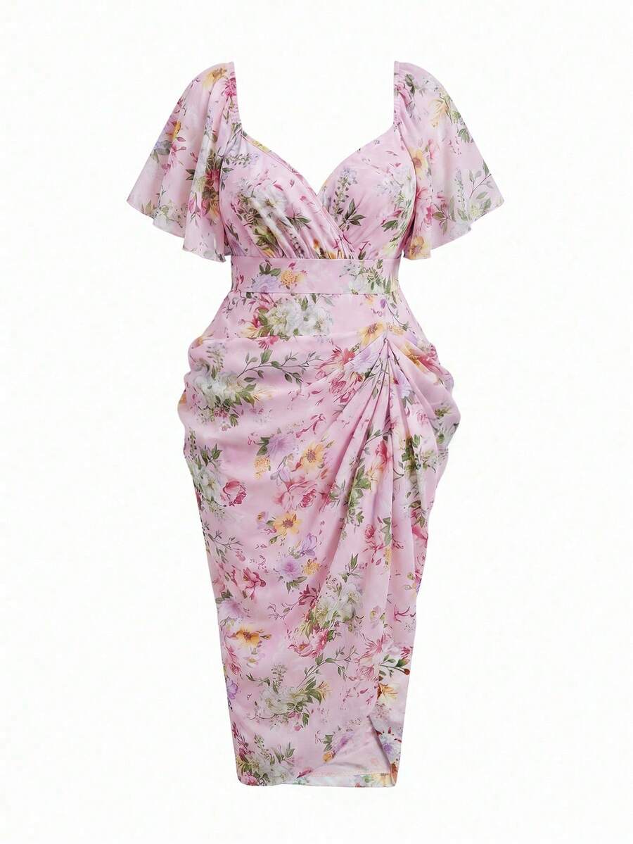 Pink floral wrap-style midi dress with flounce sleeves and high side slit