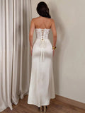 Front view of ivory strapless lace corset satin mermaid maxi evening dress