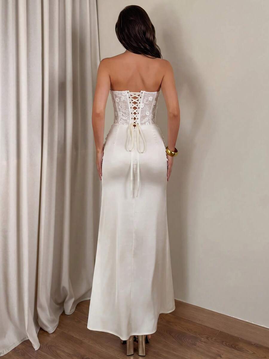 Front view of ivory strapless lace corset satin mermaid maxi evening dress