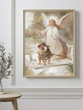 Guardian angel canvas painting protecting two children, displayed in a light wood frame