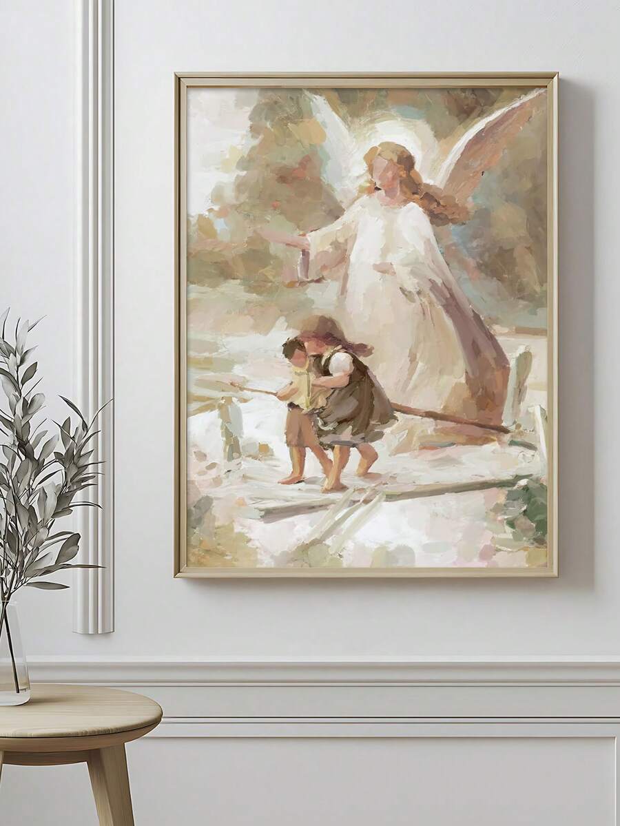Guardian angel canvas painting protecting two children, displayed in a light wood frame