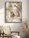 Framed guardian angel canvas painting protecting two children in a neutral reading corner