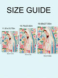 Virgin Mary floral rosary canvas size guide showing 30 by 40, 40 by 60, and 50 by 70 centimeter options