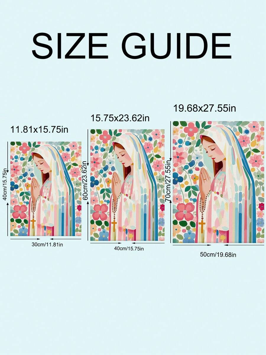 Virgin Mary floral rosary canvas size guide showing 30 by 40, 40 by 60, and 50 by 70 centimeter options
