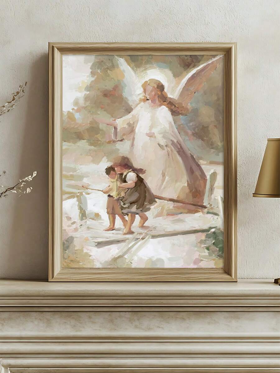 Framed guardian angel religious canvas art in soft neutral painterly tones