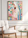 Framed Virgin Mary rosary floral canvas art displayed in a bright sitting room