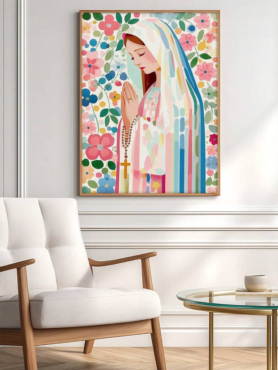 Framed Virgin Mary rosary floral canvas art displayed in a bright sitting room