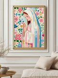 Framed colorful Virgin Mary rosary canvas wall art with floral background above a sofa