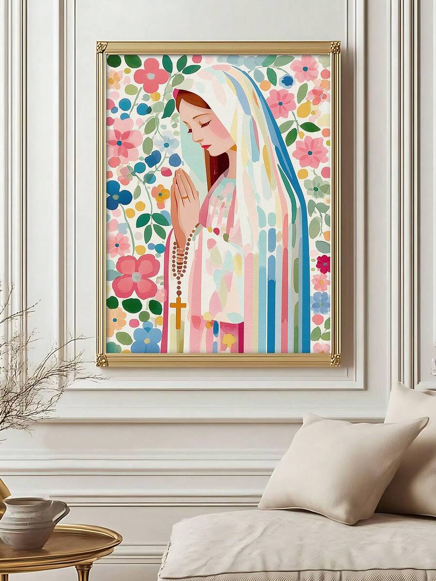 Framed colorful Virgin Mary rosary canvas wall art with floral background above a sofa