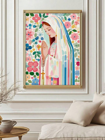 Framed colorful Virgin Mary rosary canvas wall art with floral background above a sofa