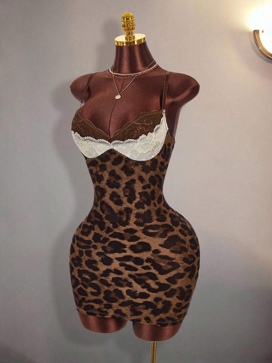 Angled front view of leopard print bodycon mini dress with contrast lace bust