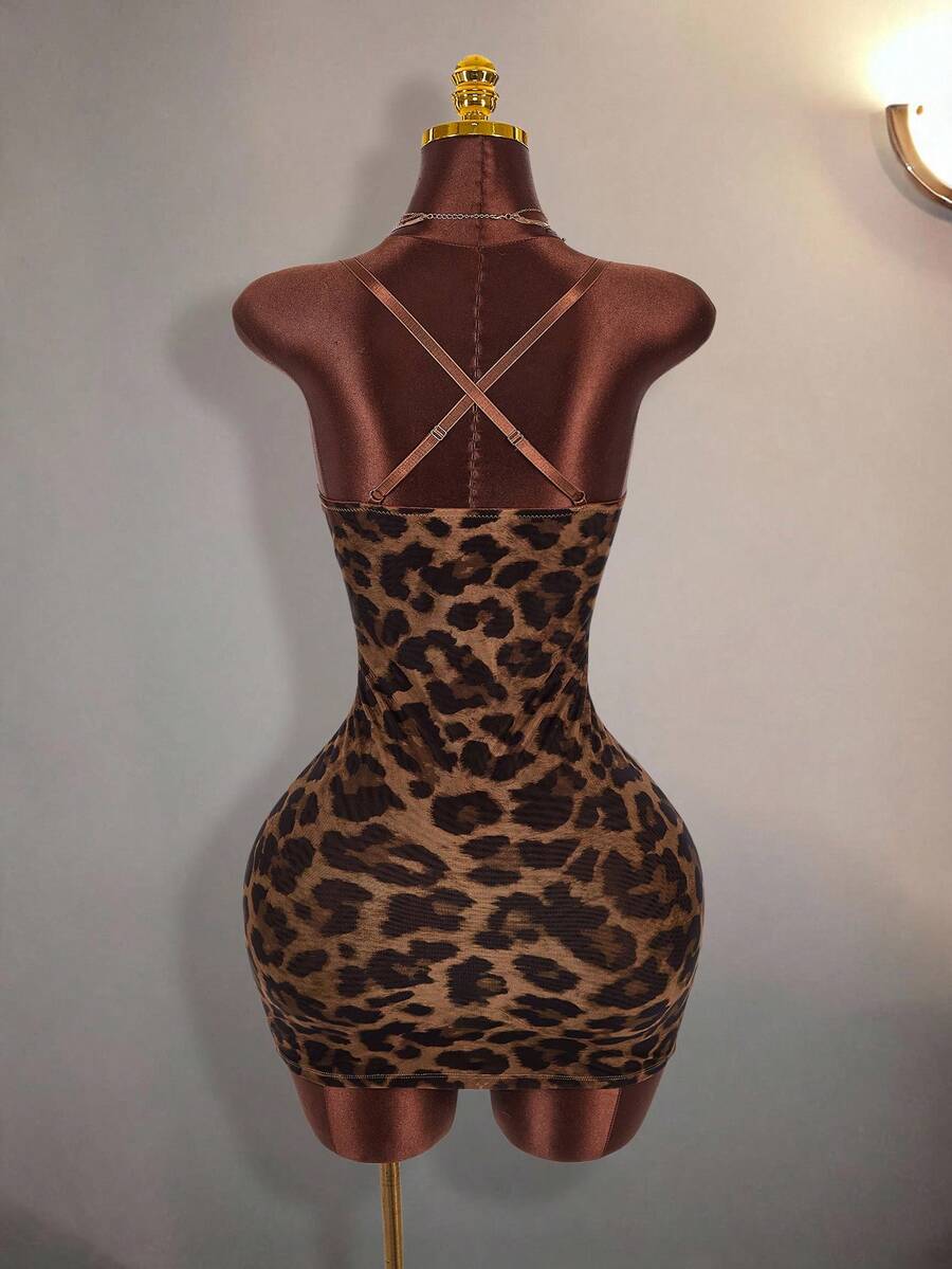 Back view of leopard print bodycon mini dress with crossed adjustable straps