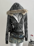 Front view of grey black leopard zip-up hoodie with tan faux-fur hood