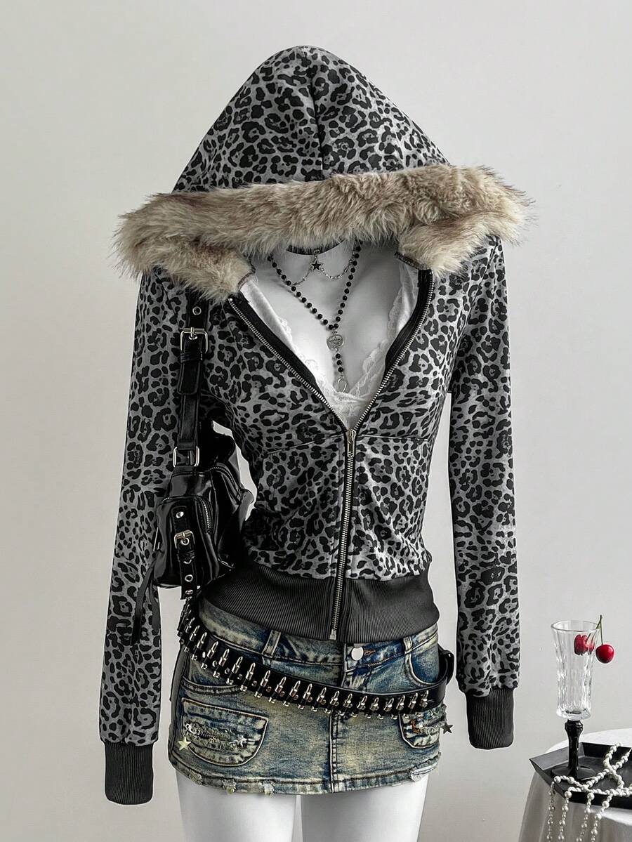 Front view of grey black leopard zip-up hoodie with tan faux-fur hood