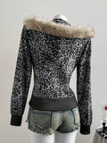 Back view of grey black leopard hooded jacket with tan faux-fur trim