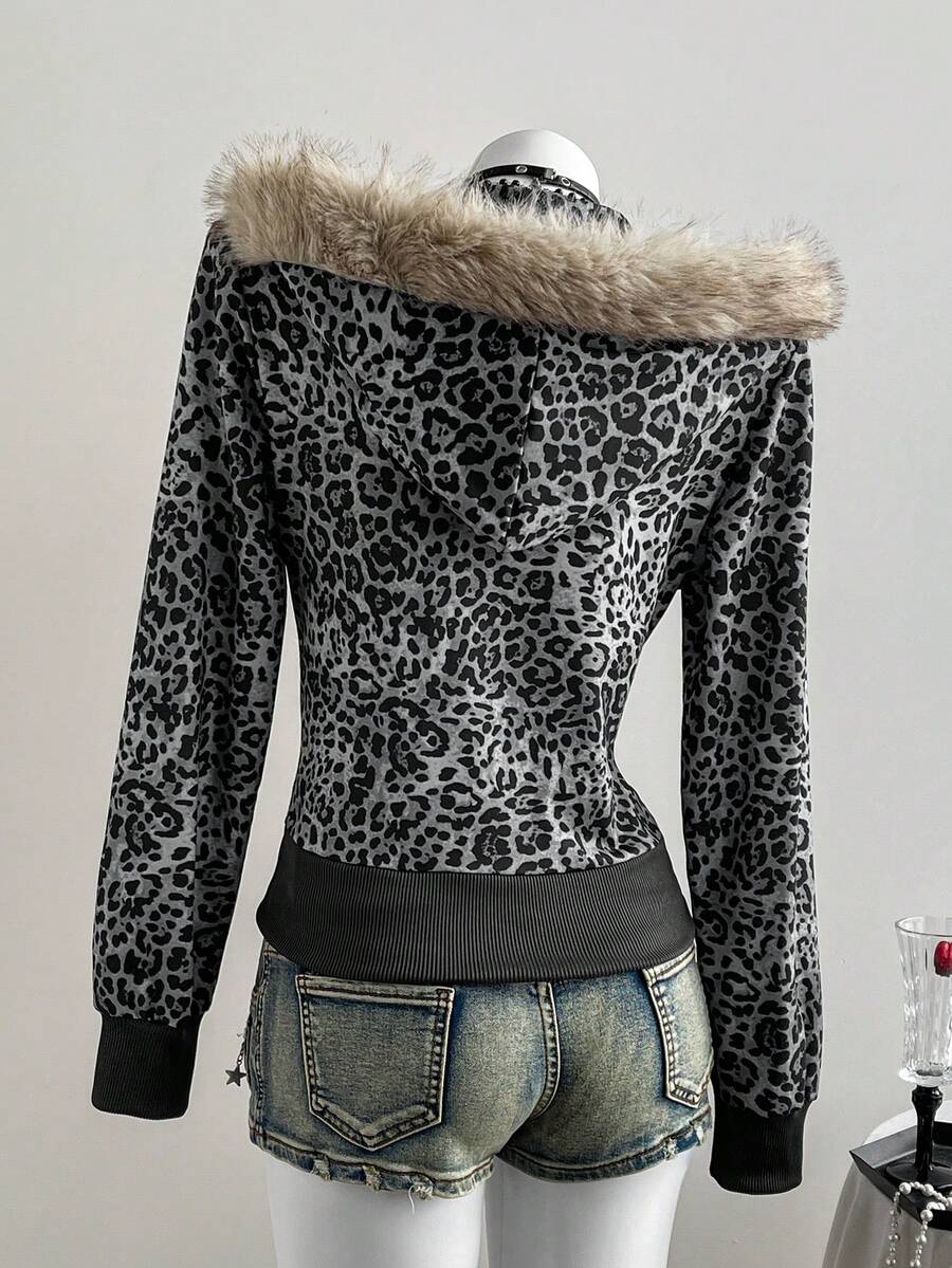 Back view of grey black leopard hooded jacket with tan faux-fur trim