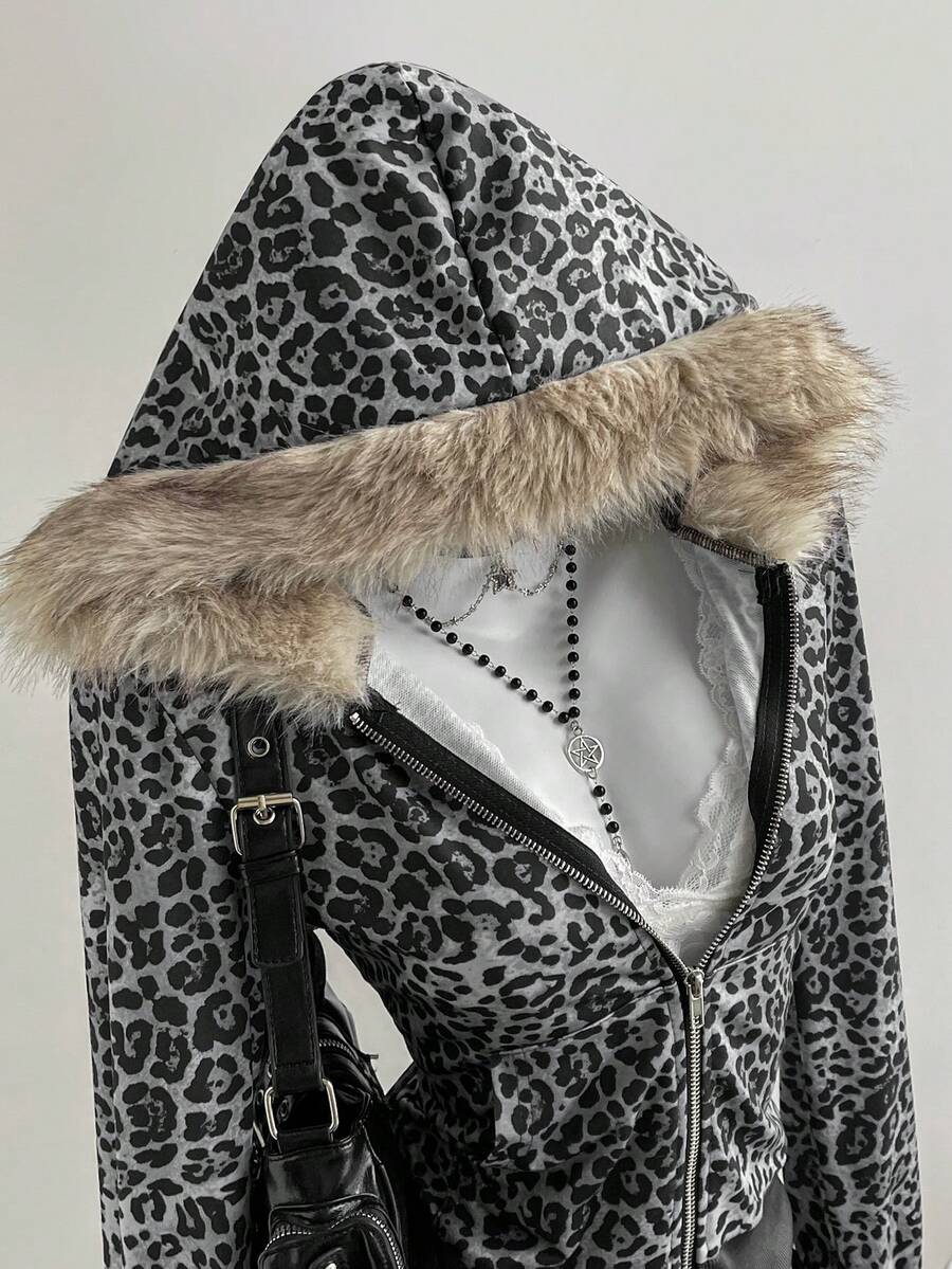 Close detail of grey leopard faux-fur trimmed zip-up hoodie