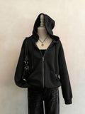 Front view of black hooded zip-up sweatshirt with drawstrings and kangaroo pockets