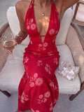 Black printed backless summer dress with V-neckline