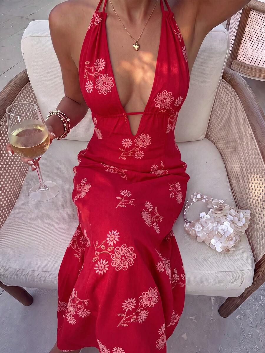 Black printed backless summer dress with V-neckline