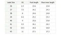 Size chart for camel women’s loafers showing CN sizes and foot measurements