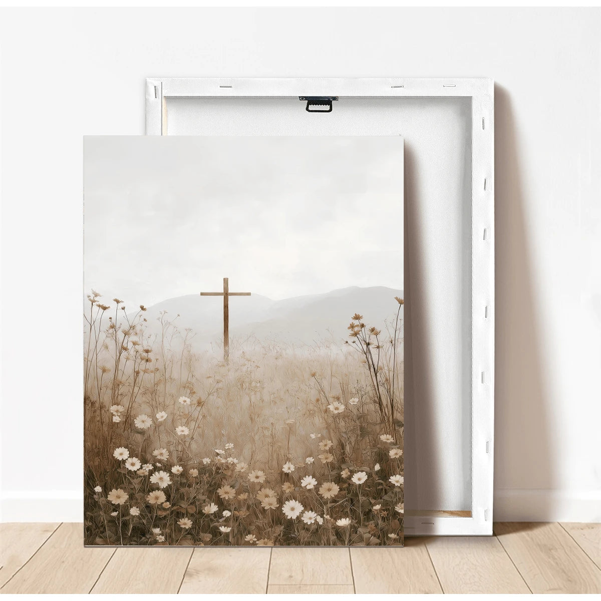 Unframed cross wildflower canvas print shown beside stretched canvas backing