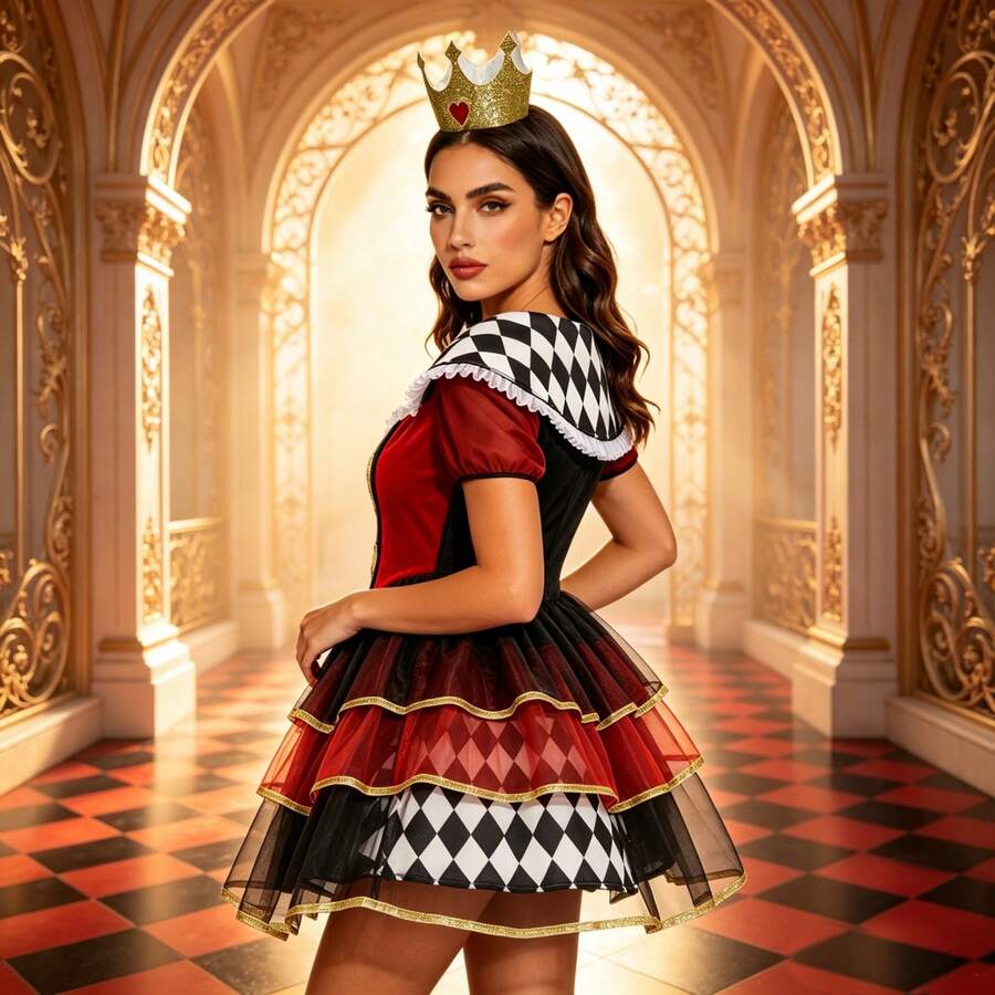 Side view of Queen of Hearts dress with diamond panels and black tulle skirt