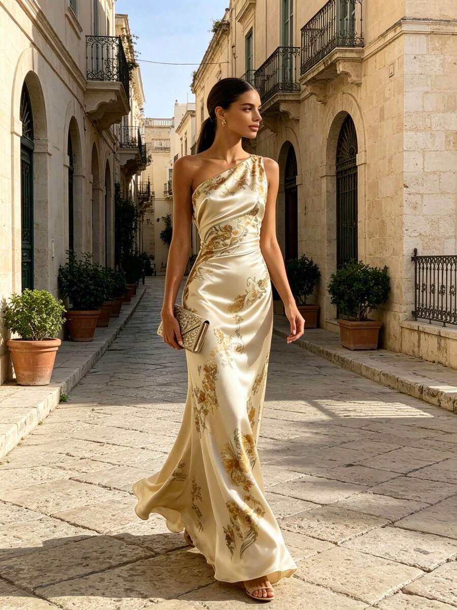 Walking front view of ivory champagne floral mermaid dress with asymmetrical neckline and flowing train on a stone street