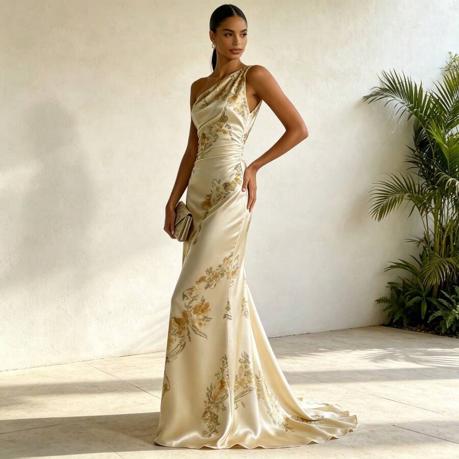 Three-quarter full-length view of champagne gown with gold botanical print, fitted silhouette and soft train against a light backdrop