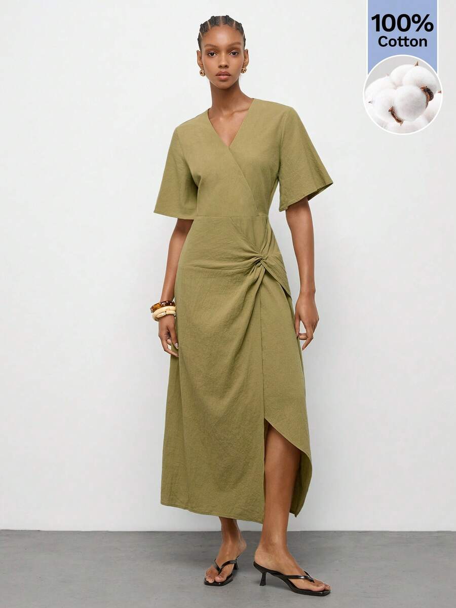 Olive Green V-Neck Long Dress with Fitted Waist and Twisted Hem 