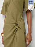 Olive Green V-Neck Long Dress with Fitted Waist and Twisted Hem 