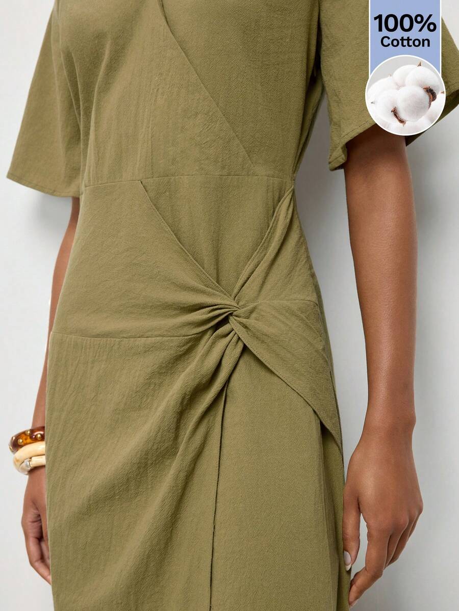Olive Green V-Neck Long Dress with Fitted Waist and Twisted Hem 