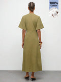 Olive Green V-Neck Long Dress with Fitted Waist and Twisted Hem 
