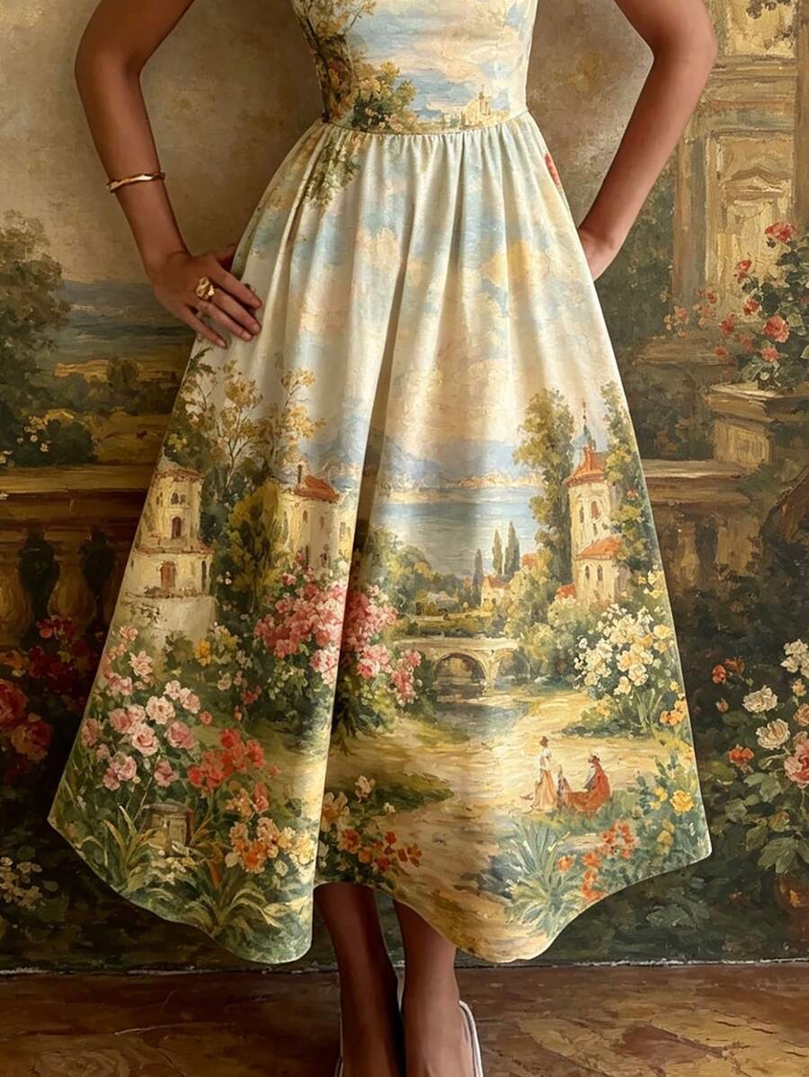 Front crop showing scenic village and floral artwork across the waist and skirt of an ivory landscape-print sundress