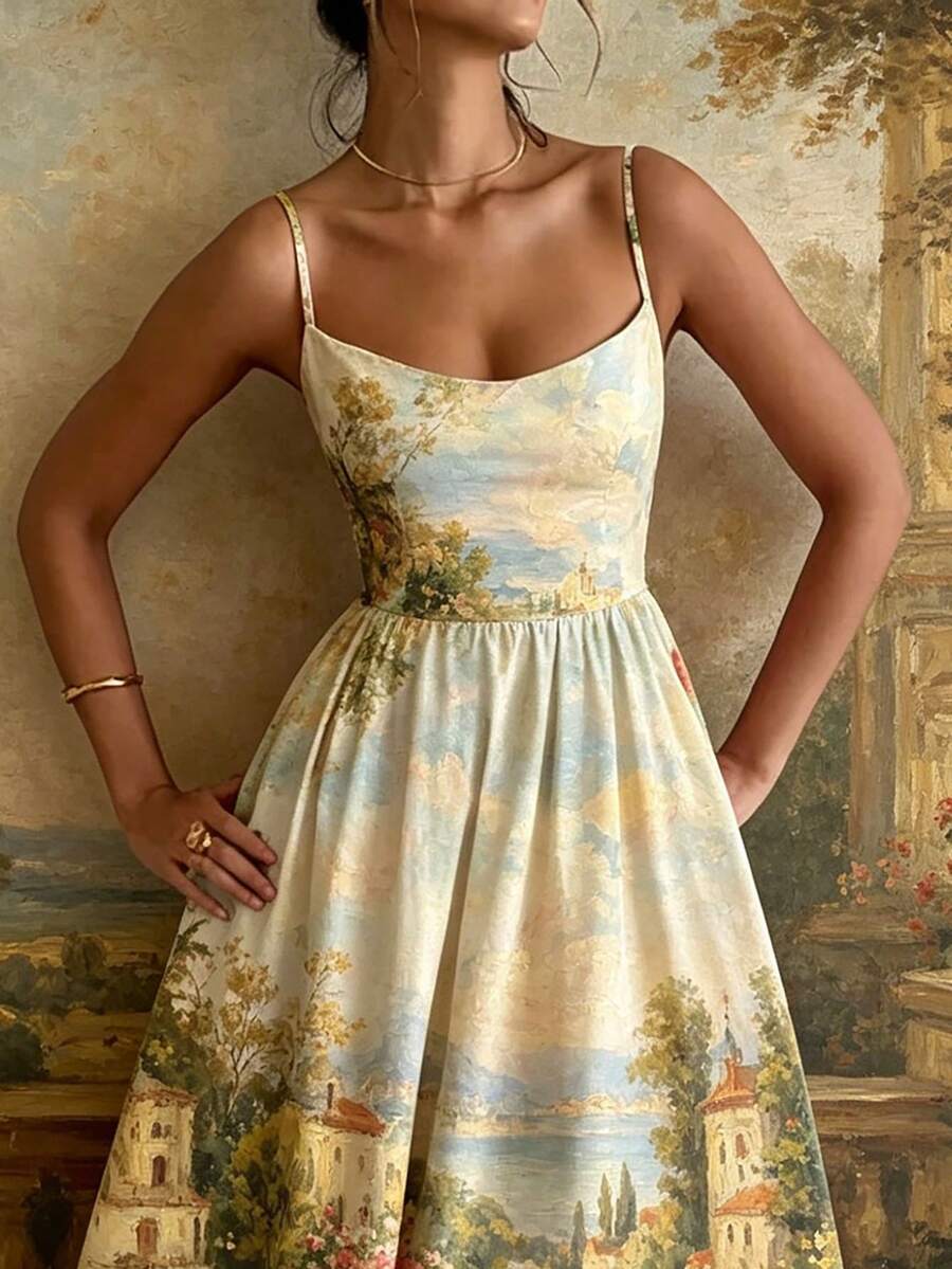 Upper-front close view of sleeveless pastoral-print dress with narrow straps, curved neckline and fitted bodice