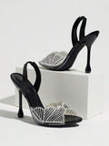 Black transparent pearl-studded striped vamp slingback sandal with square open toe
