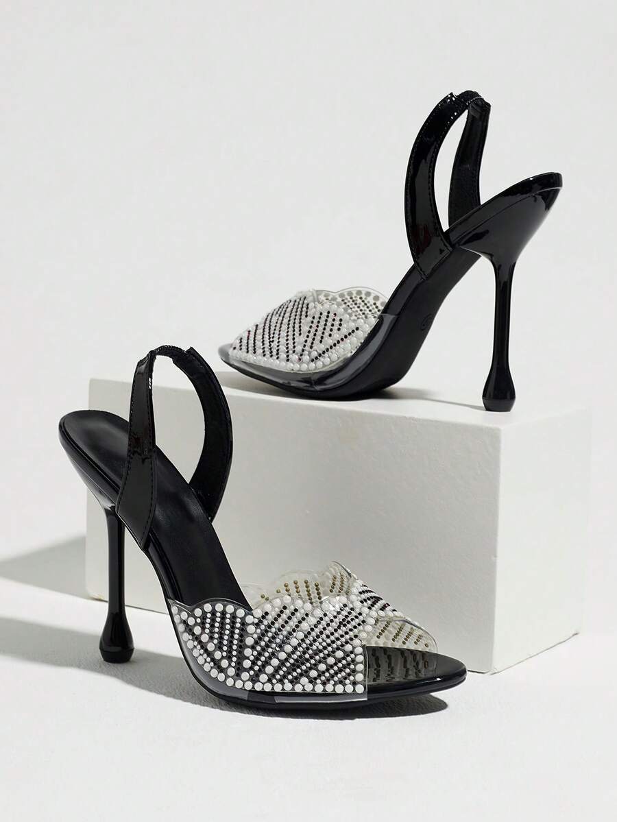 Black transparent pearl-studded striped vamp slingback sandal with square open toe