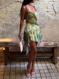 Green floral paisley ruffle strap mini dress with asymmetric layered hem