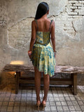 Green fitted cami mini dress with sweetheart neckline and floral paisley print