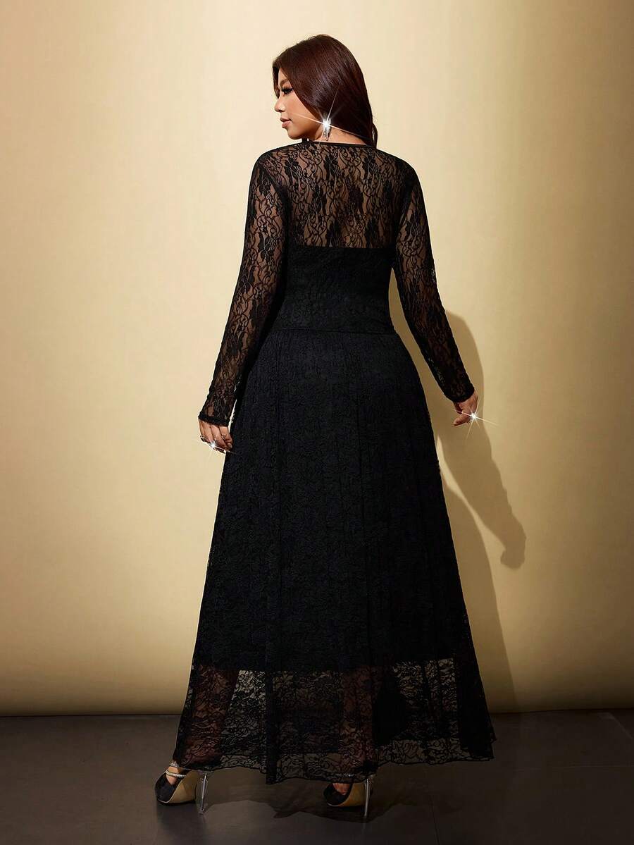 Black long-sleeve A-line maxi dress with floral lace shoulders and flared skirt