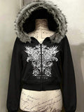 Front view of black hooded zip-up jacket with white wing graphic and faux-fur trim